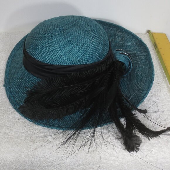 Sonni Hat 40s Vintage Teal Straw Fancy Black Feather Rhinestone Woven Size 6 7/8 main image 6